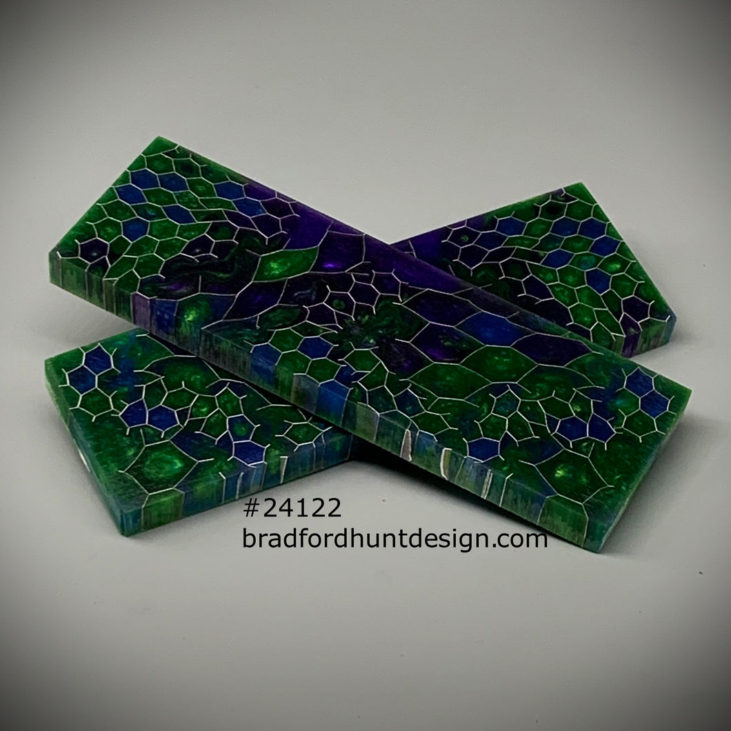 Custom green, blue, and purple aluminum honeycomb and urethane resin knife scales and handle material from Bradford Hunt Design