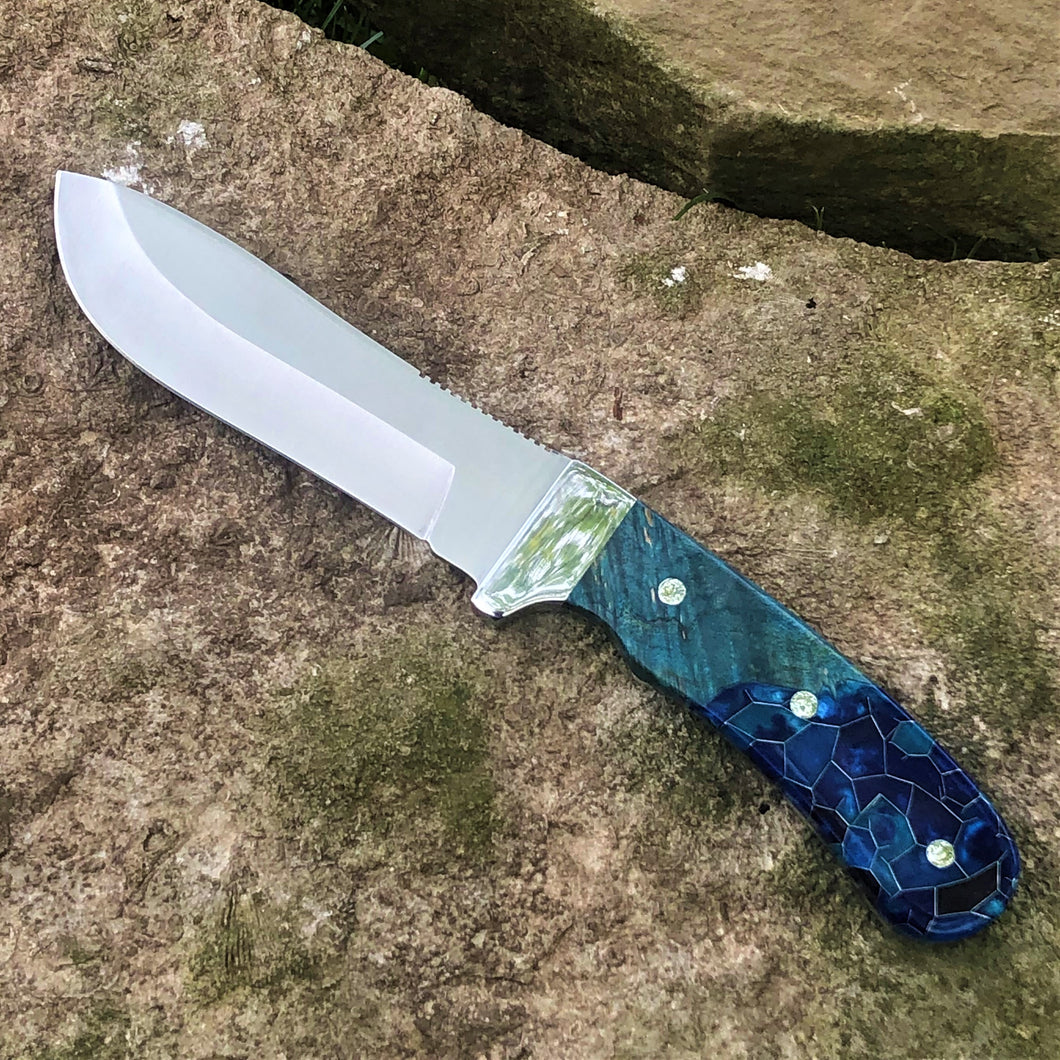 Modified Trailing Point Skinner with Black Ash Burl and Aluminum Honeycomb Resin Knife Scales