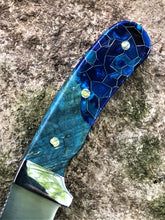 Load image into Gallery viewer, Modified Trailing Point Skinner with Black Ash Burl and Aluminum Honeycomb Resin Knife Scales