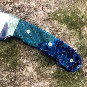 Modified Trailing Point Skinner with Black Ash Burl and Aluminum Honeycomb Resin Knife Scales